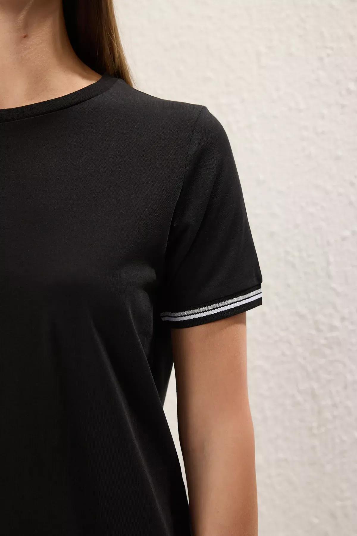 Black Tape Detail Crew Neck Knitted Dress, , large image number 2