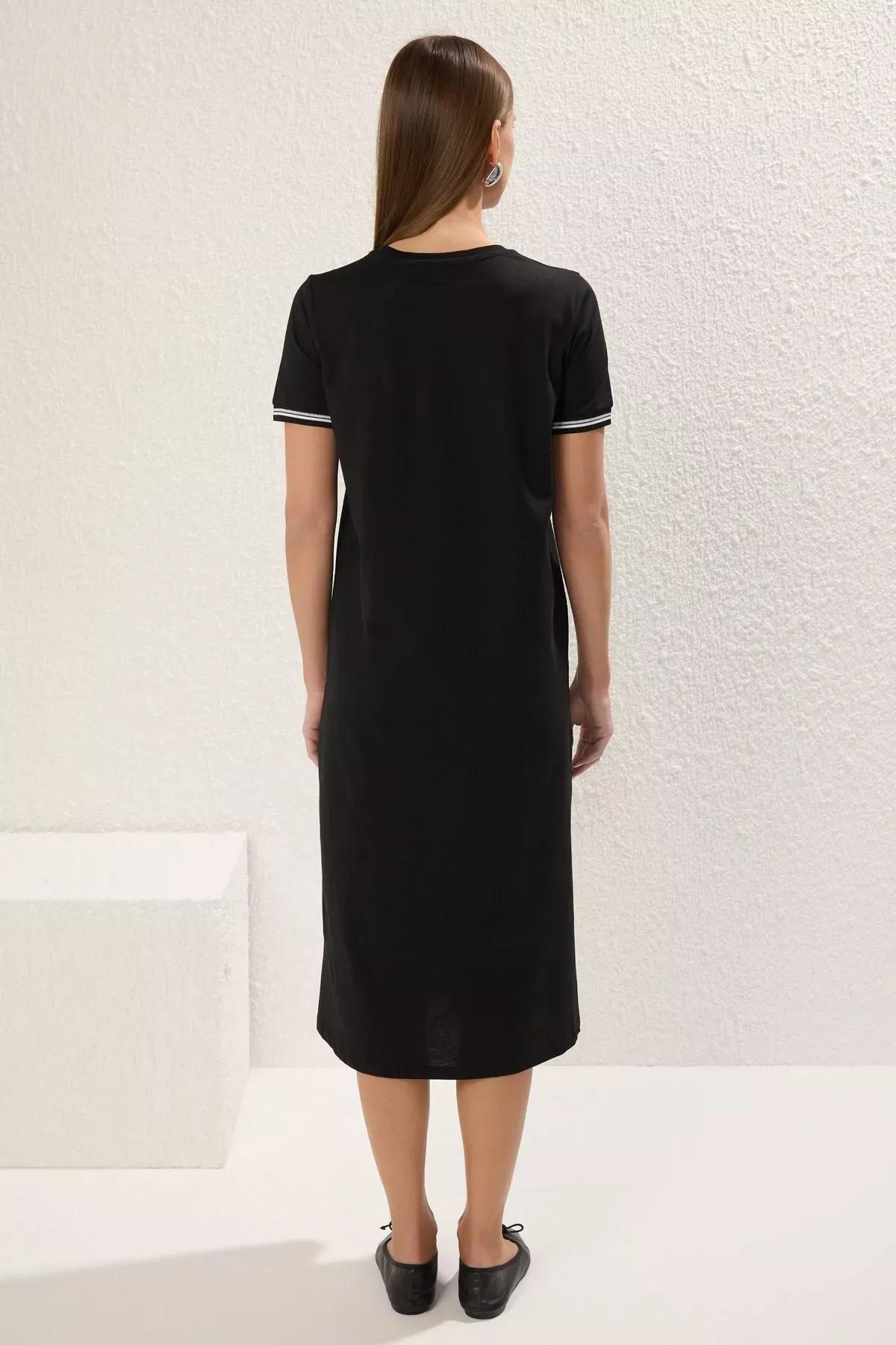 Black Tape Detail Crew Neck Knitted Dress, , large image number 3