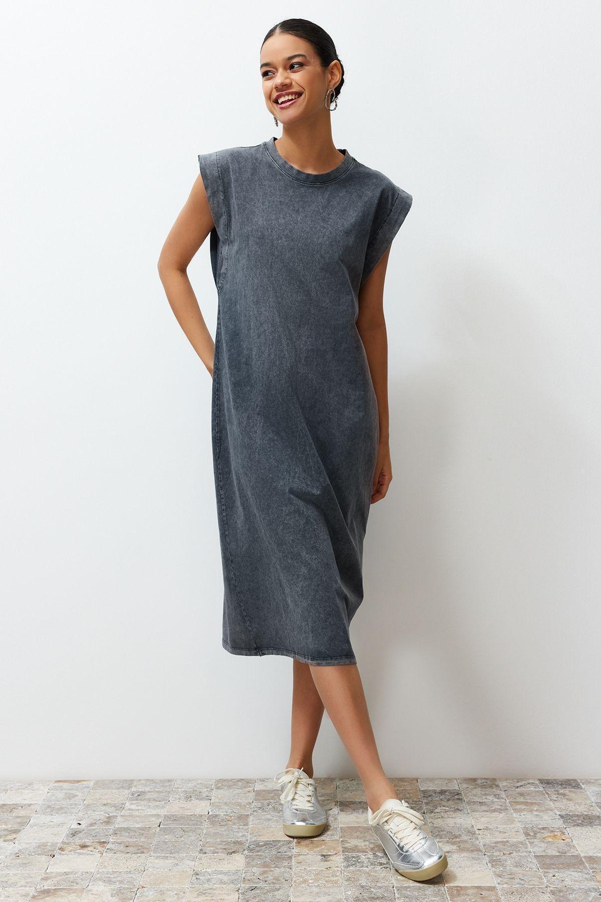 Grey Faded Moon Sleeve Relaxed Midi Dress, , large image number 1