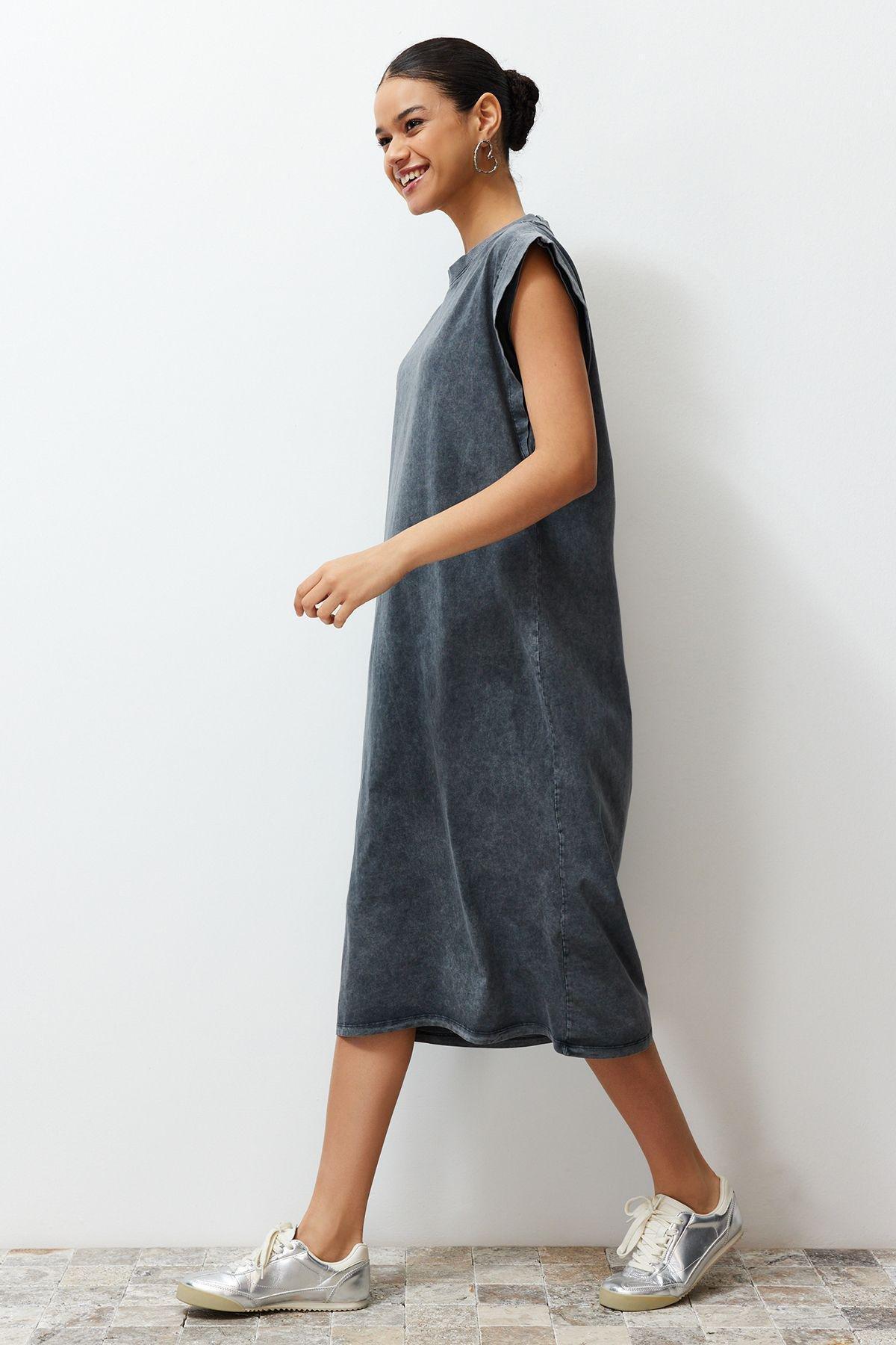 Grey Faded Moon Sleeve Relaxed Midi Dress, , large image number 2