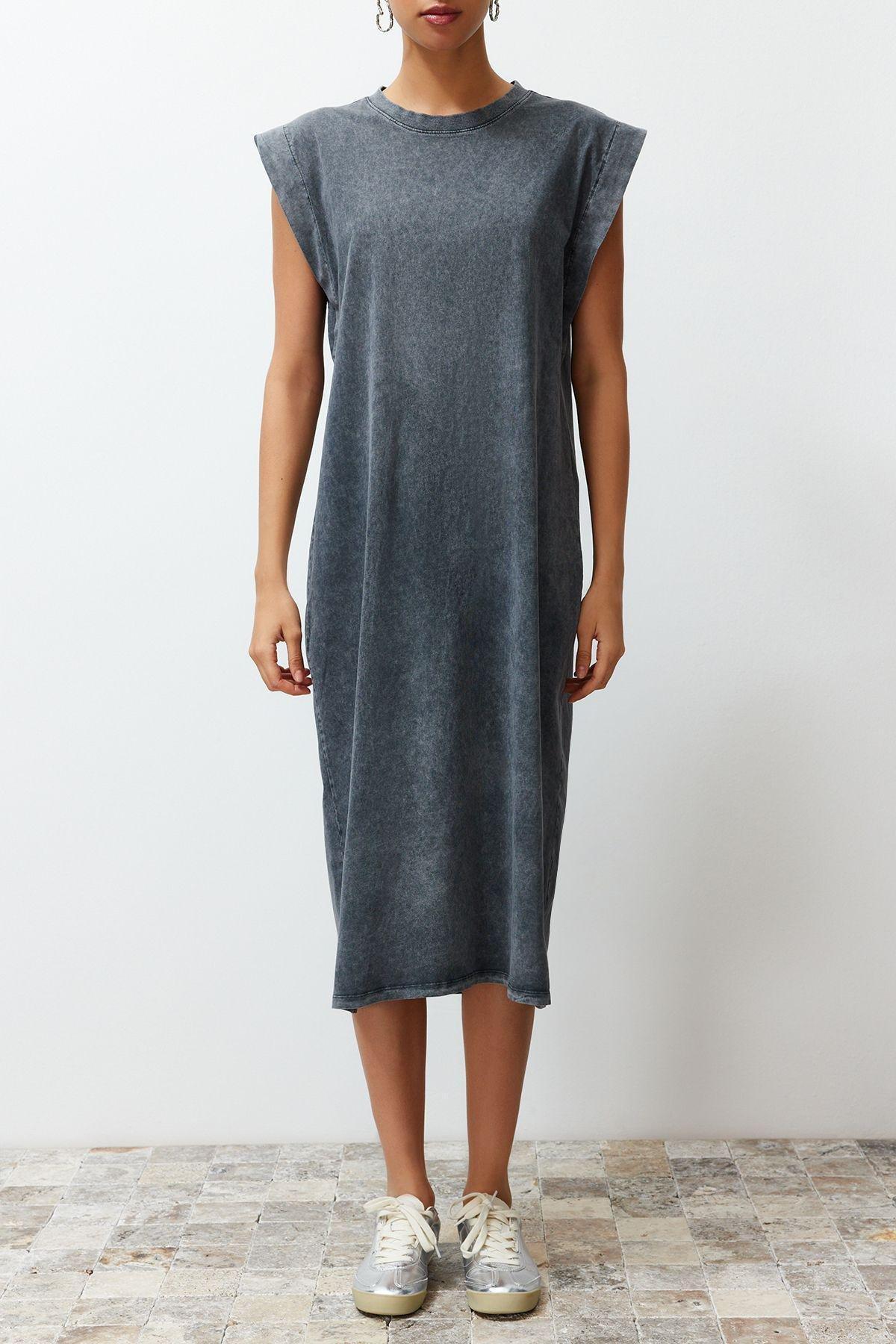 Grey Faded Moon Sleeve Relaxed Midi Dress, , large image number 3