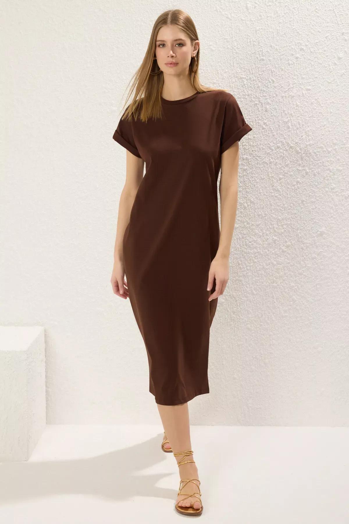 Brown Slit Knitted T-Shirt Dress, , medium