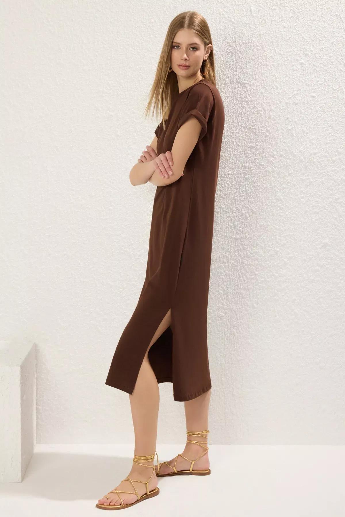 Brown Slit Knitted T-Shirt Dress, , large image number 1