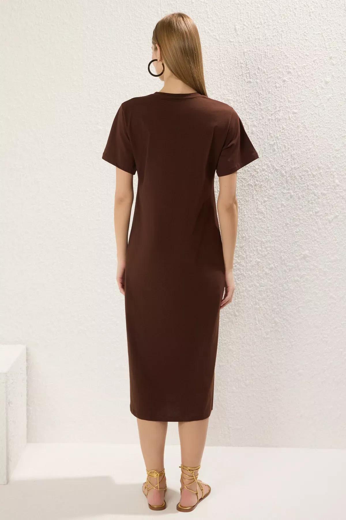 Brown Slit Knitted T-Shirt Dress, , large image number 3