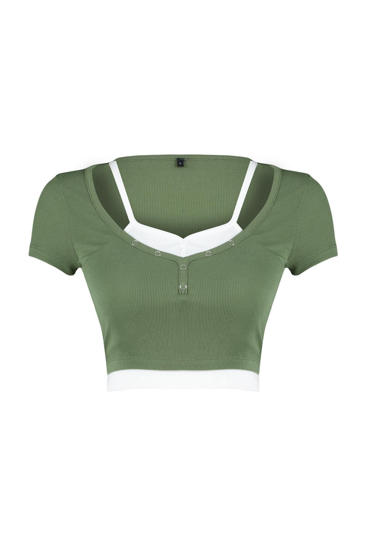 Green Double Layer Ribbed Elastic Knitted Blouse, , large image number 5