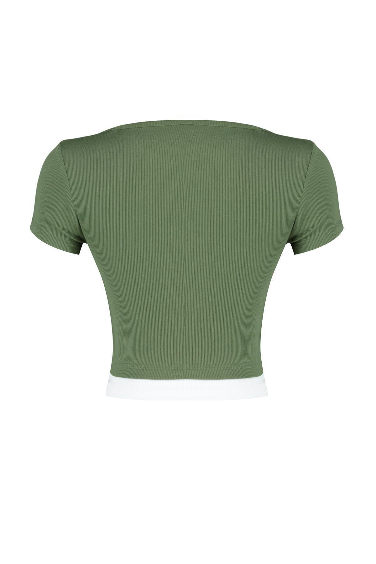 Green Double Layer Ribbed Elastic Knitted Blouse, , large image number 6