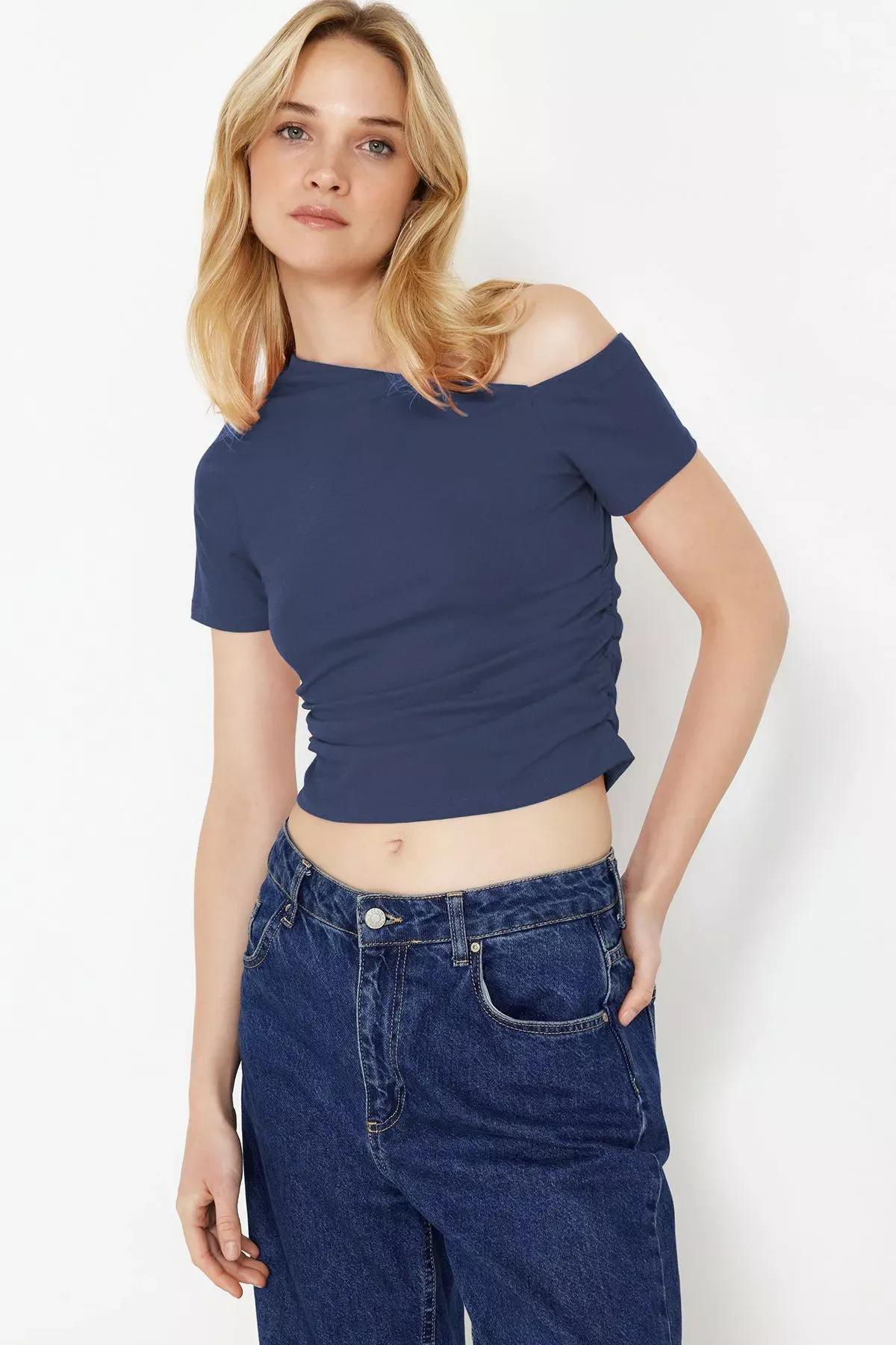 بلوزة بفتحة رقبة غير متماثلة بتصميم مزموم، بنفسجي, Indigo, large image number 2