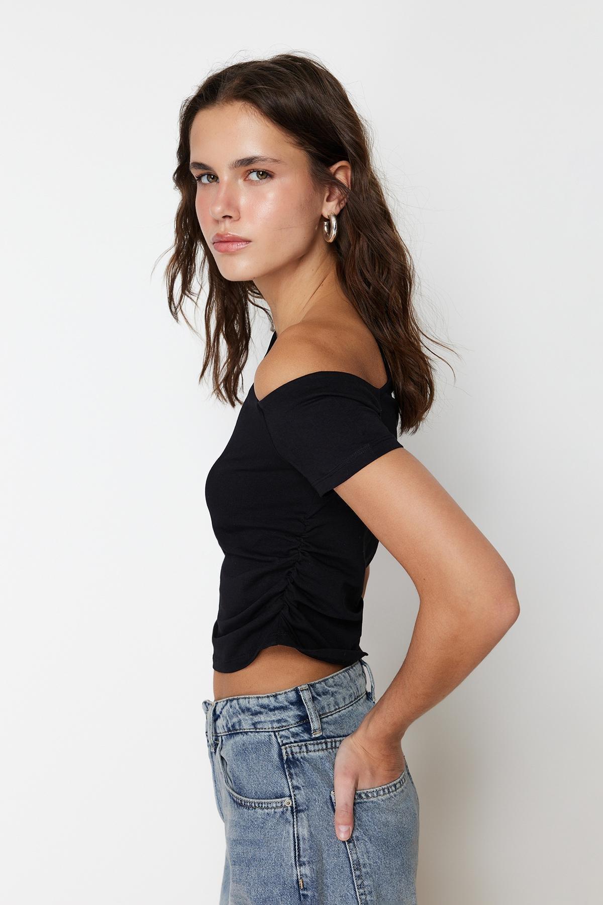 Black Asymmetric Collar Knitted Blouse, , large image number 1