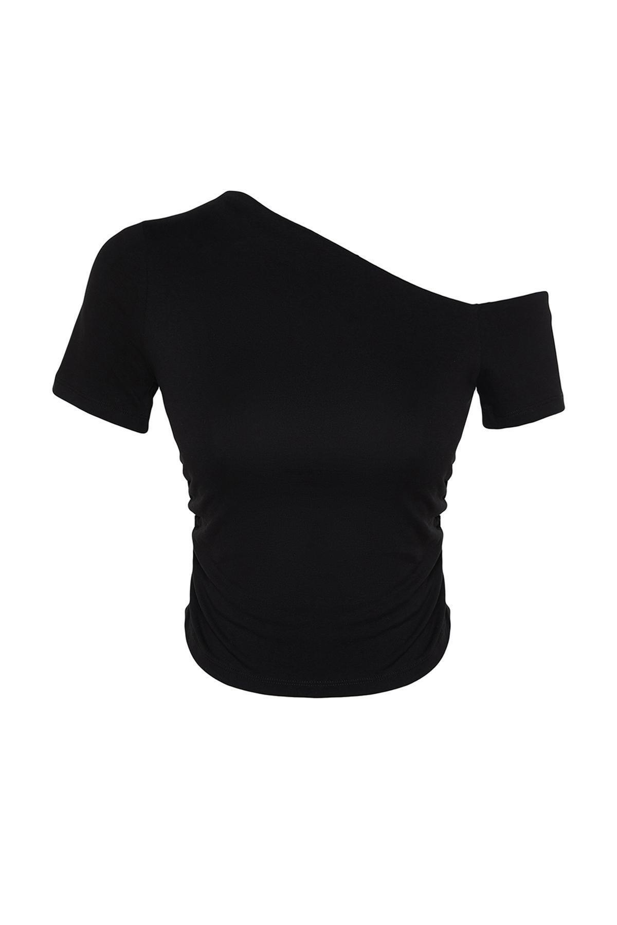 Black Asymmetric Collar Knitted Blouse, , large image number 5