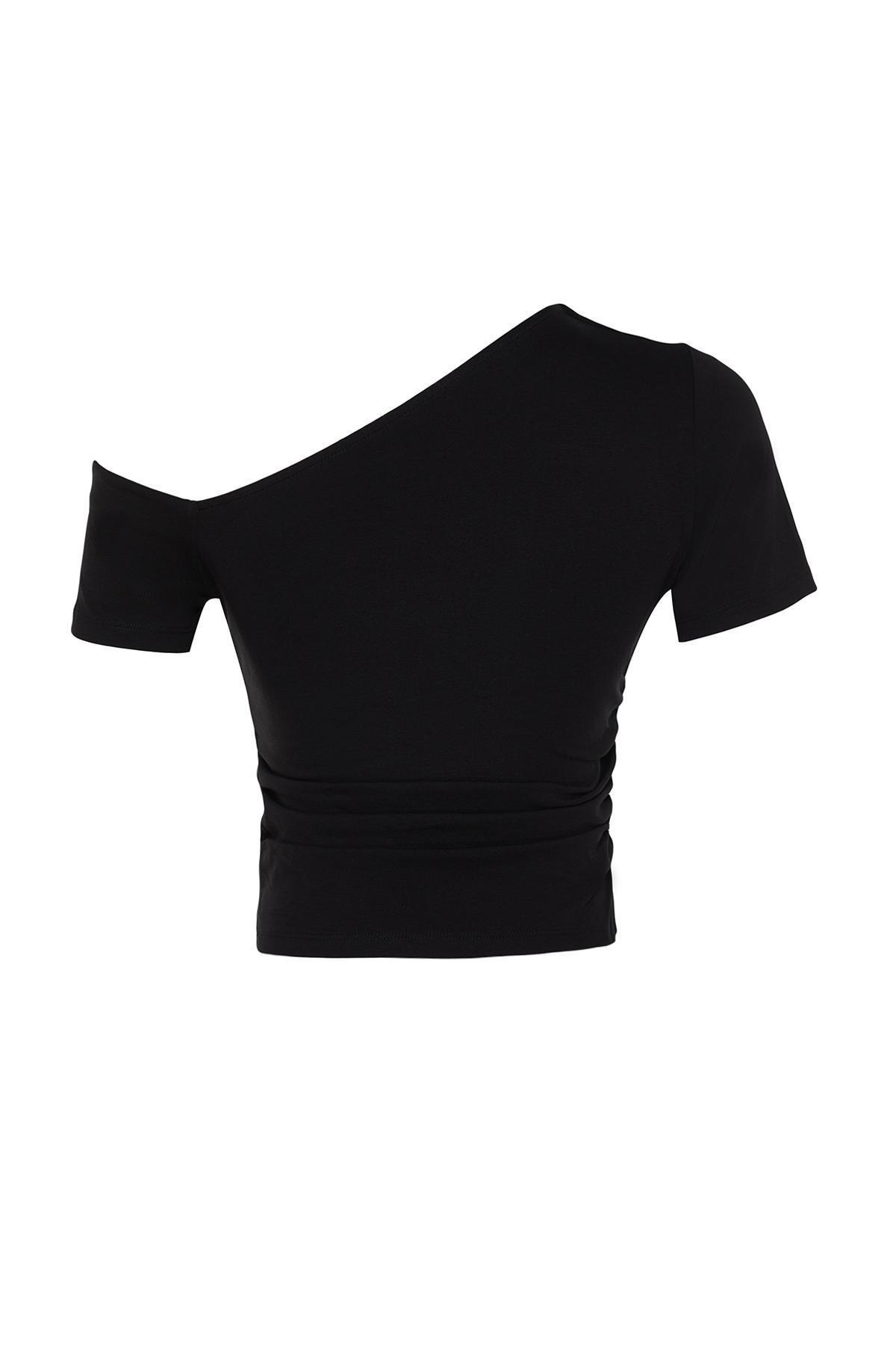 Black Asymmetric Collar Knitted Blouse, , large image number 6