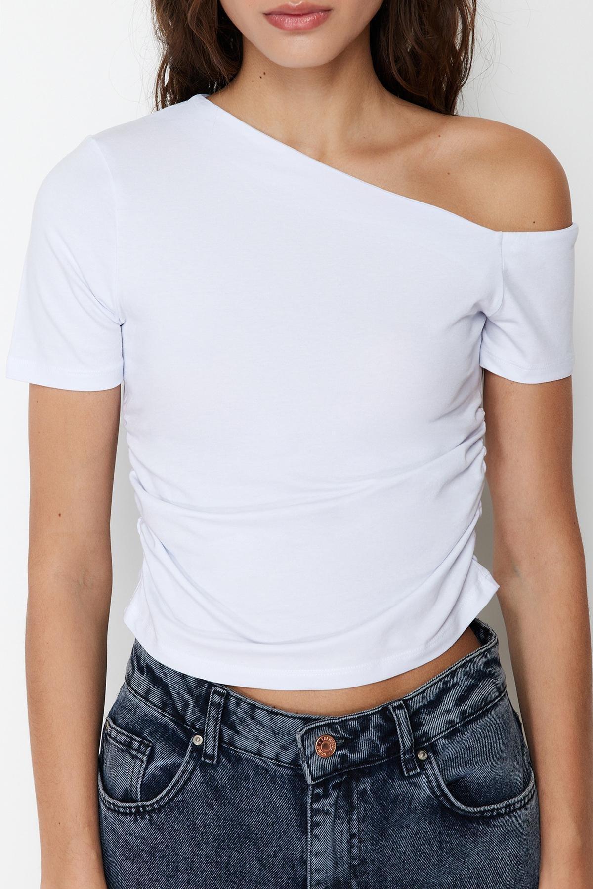 White Asymmetrical Collar Knitted Blouse, , large image number 3