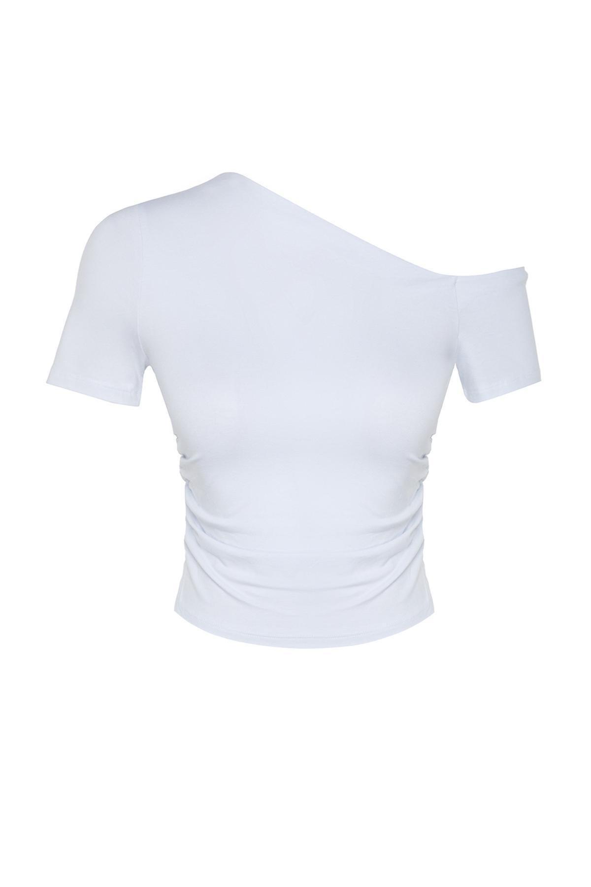 White Asymmetrical Collar Knitted Blouse, , large image number 5