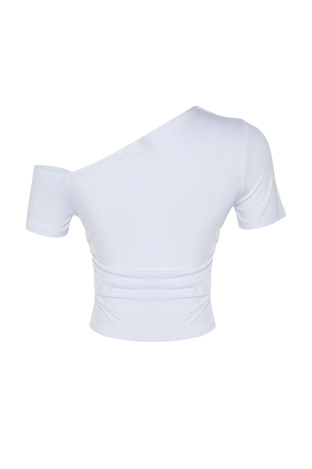 White Asymmetrical Collar Knitted Blouse, , large image number 6