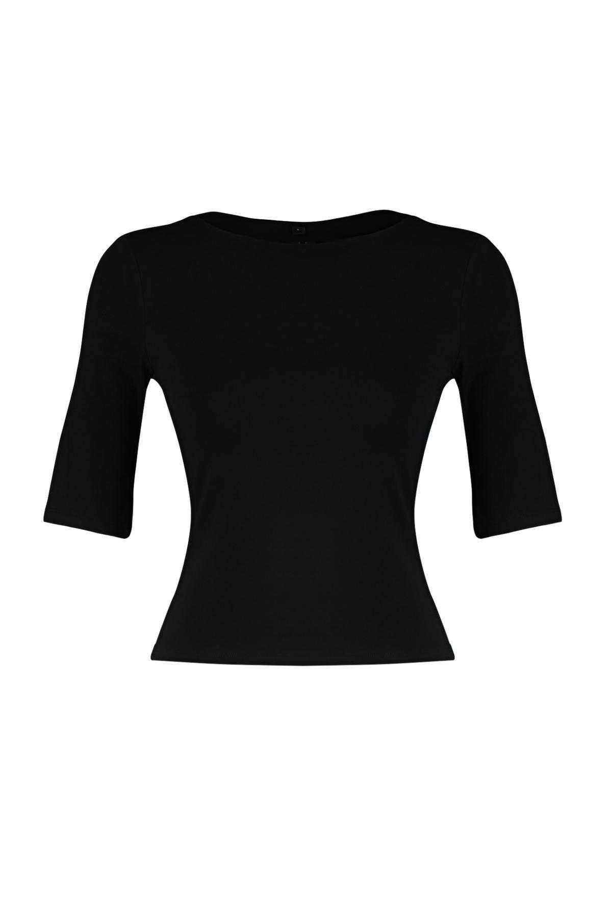 Black Boat Neck Cotton Knitted Blouse, , large image number 5