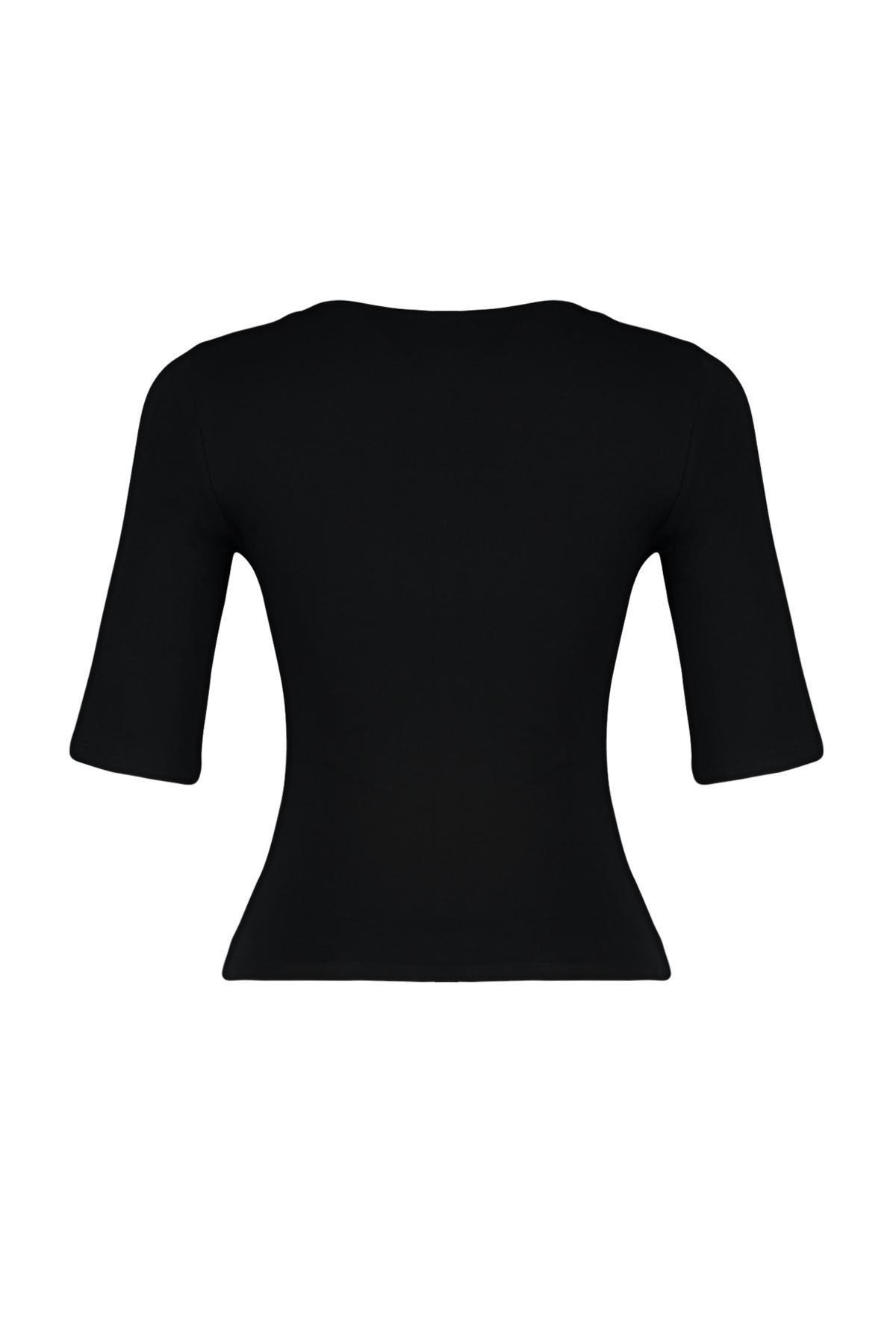 Black Boat Neck Cotton Knitted Blouse, , large image number 6