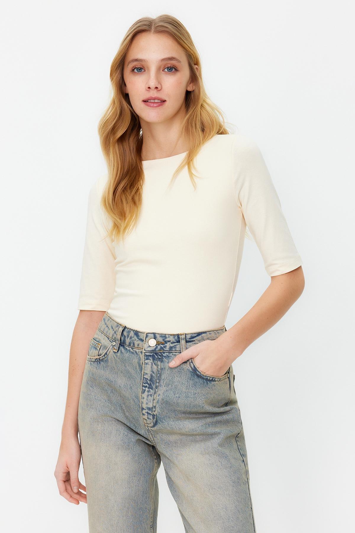 Beige Short Sleeve Cotton Knitted Blouse, , medium