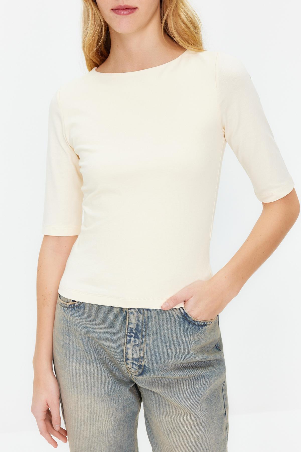 Beige Short Sleeve Cotton Knitted Blouse, , large image number 3