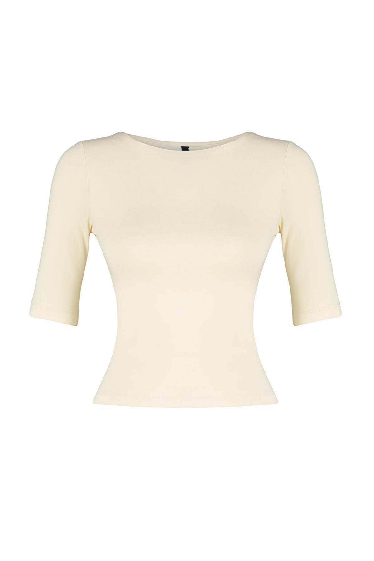 Beige Short Sleeve Cotton Knitted Blouse, , large image number 5