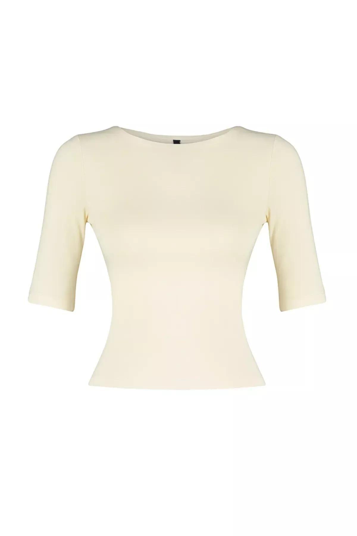 Beige Short Sleeve Cotton Knitted Blouse, STONE, large image number 5