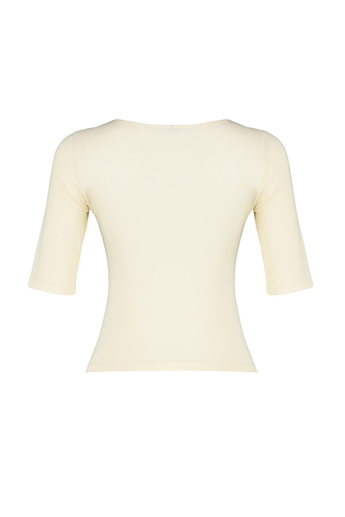 Beige Short Sleeve Cotton Knitted Blouse, , large image number 6