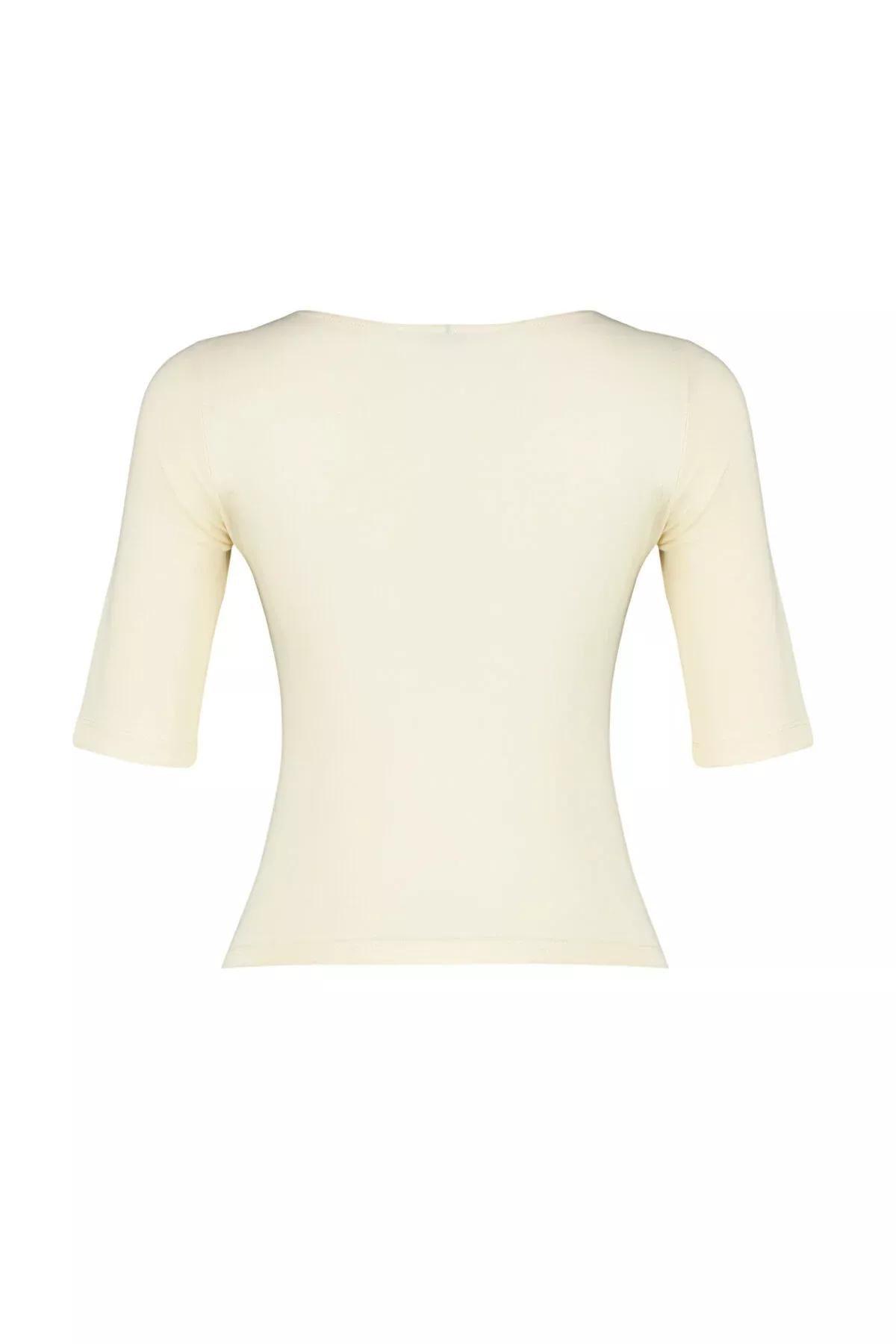 Beige Short Sleeve Cotton Knitted Blouse, STONE, large image number 6