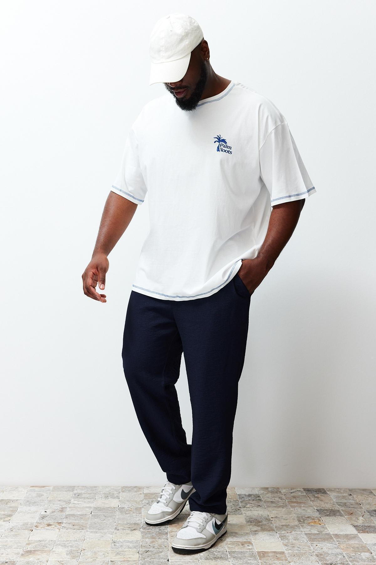 Navy Plus Size Elastic Waisted Linen Trousers, , large image number 0