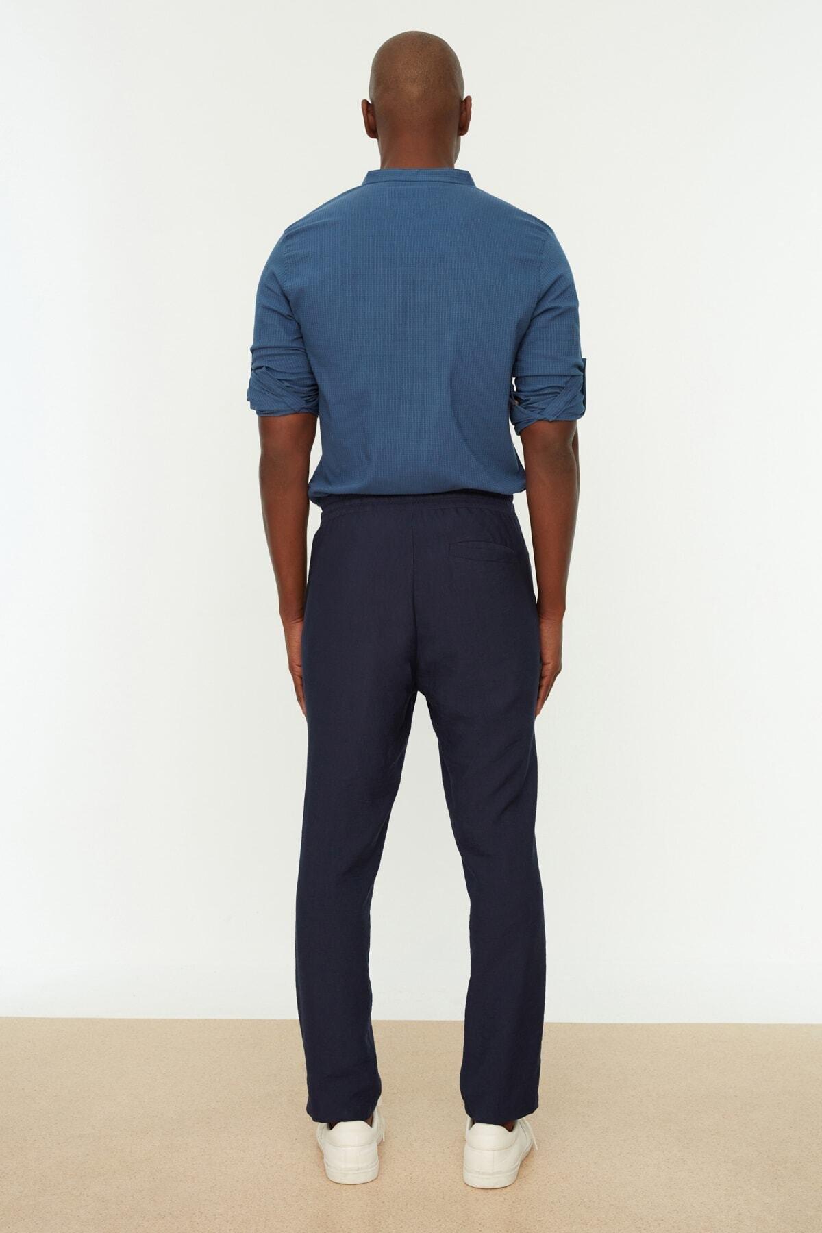 Navy Plus Size Elastic Waisted Linen Trousers, , large image number 1