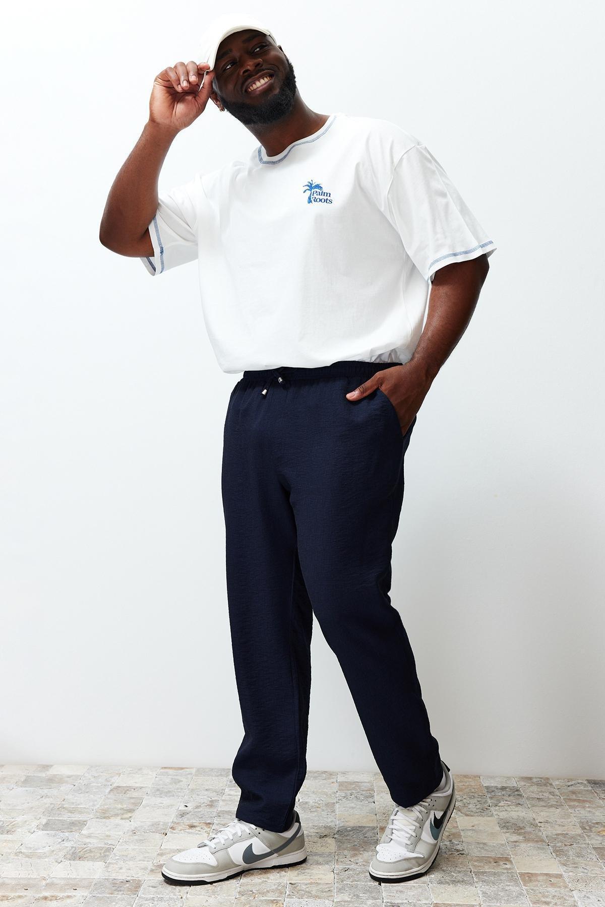 Navy Plus Size Elastic Waisted Linen Trousers, , large image number 2