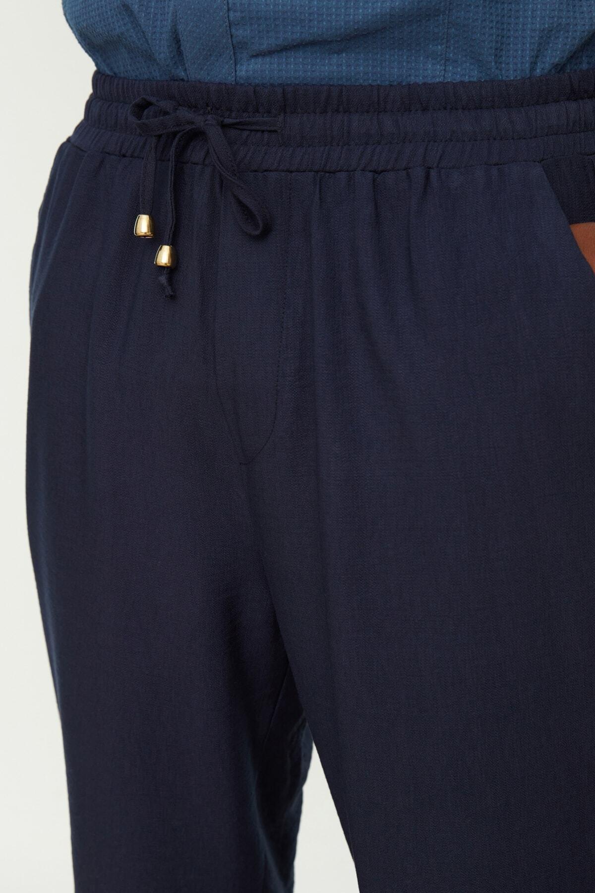 Navy Plus Size Elastic Waisted Linen Trousers, , large image number 3