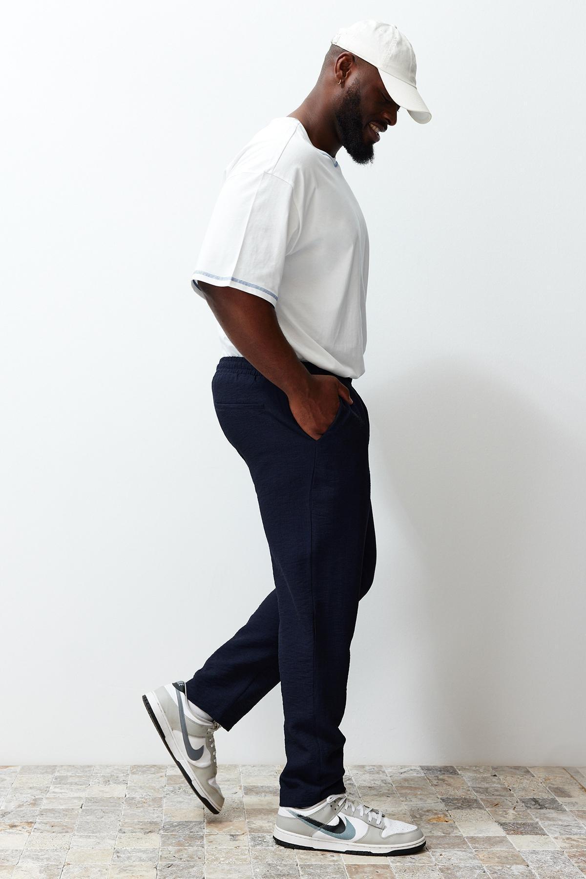 Navy Plus Size Elastic Waisted Linen Trousers, , large image number 4