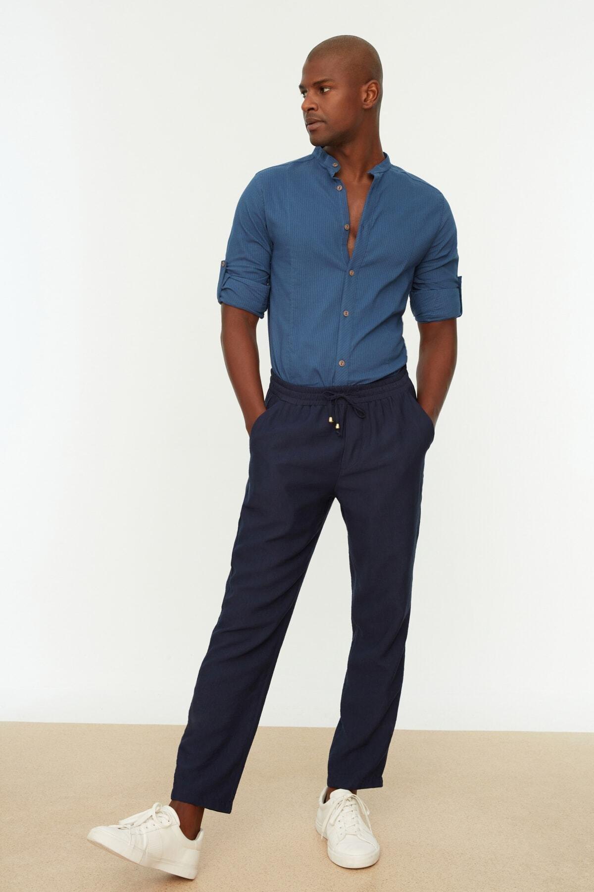 Navy Plus Size Elastic Waisted Linen Trousers, , large image number 5