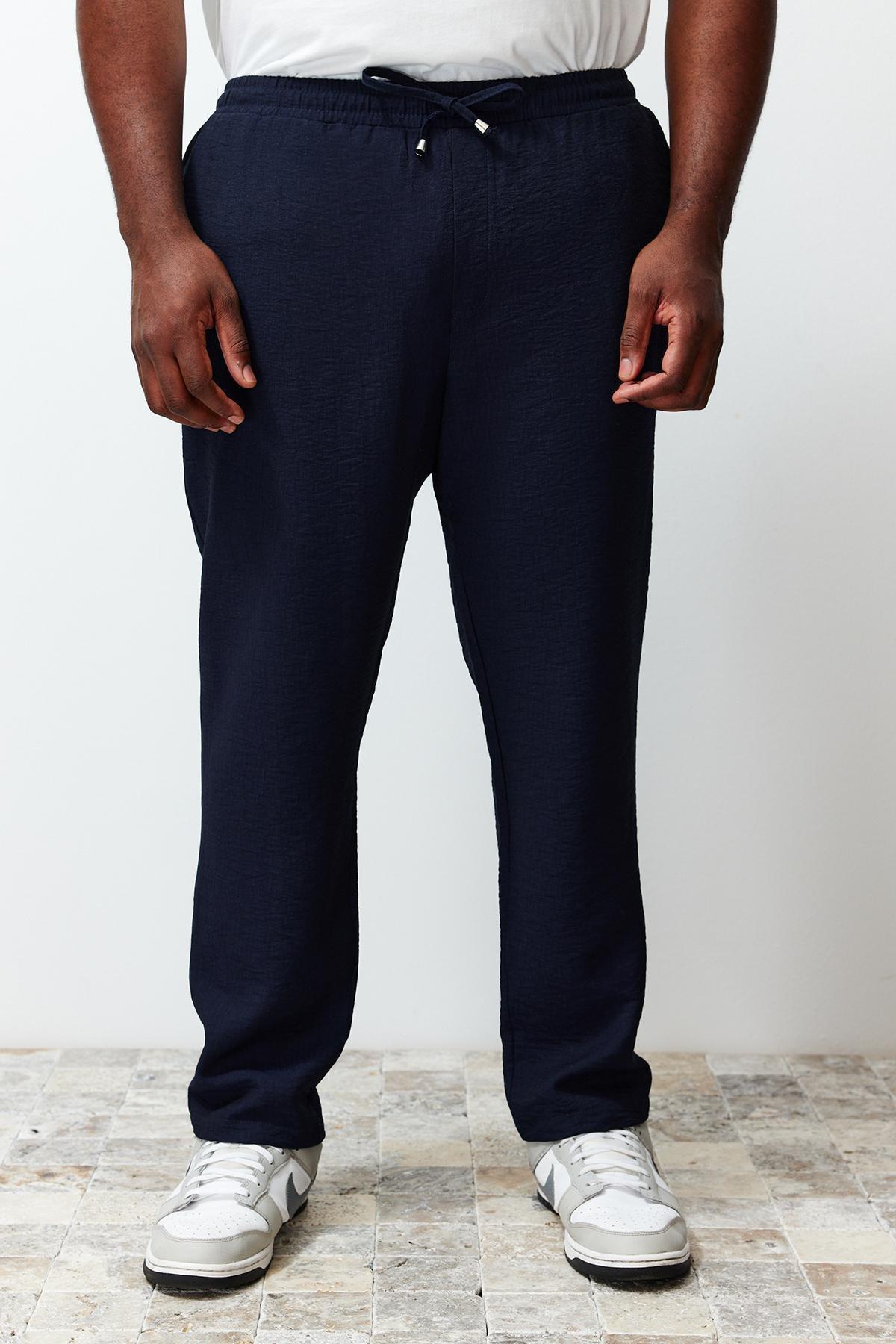 Navy Plus Size Elastic Waisted Linen Trousers, , large image number 6
