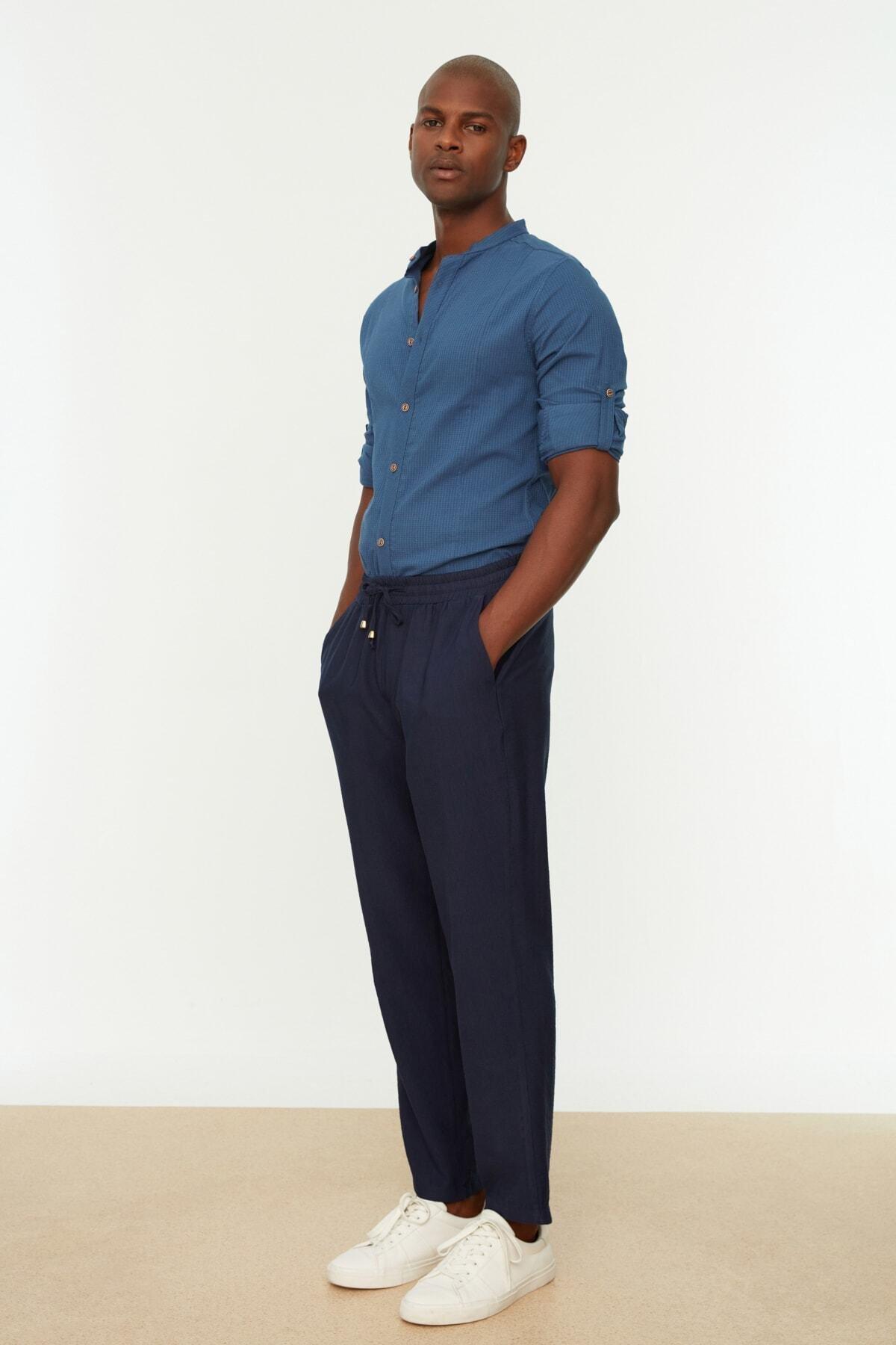 Navy Plus Size Elastic Waisted Linen Trousers, , large image number 7