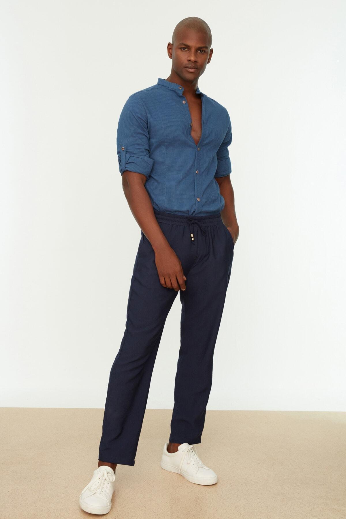 Navy Plus Size Elastic Waisted Linen Trousers, , large image number 9
