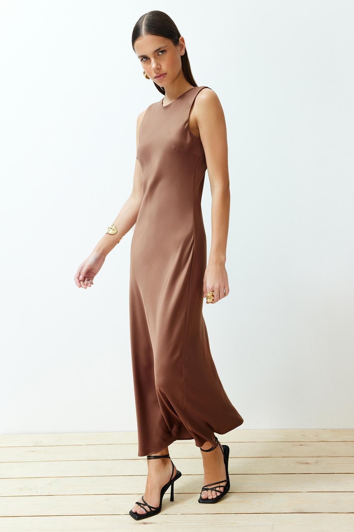 Brown Detailed Satin Woven Maxi Dress, , large image number 0