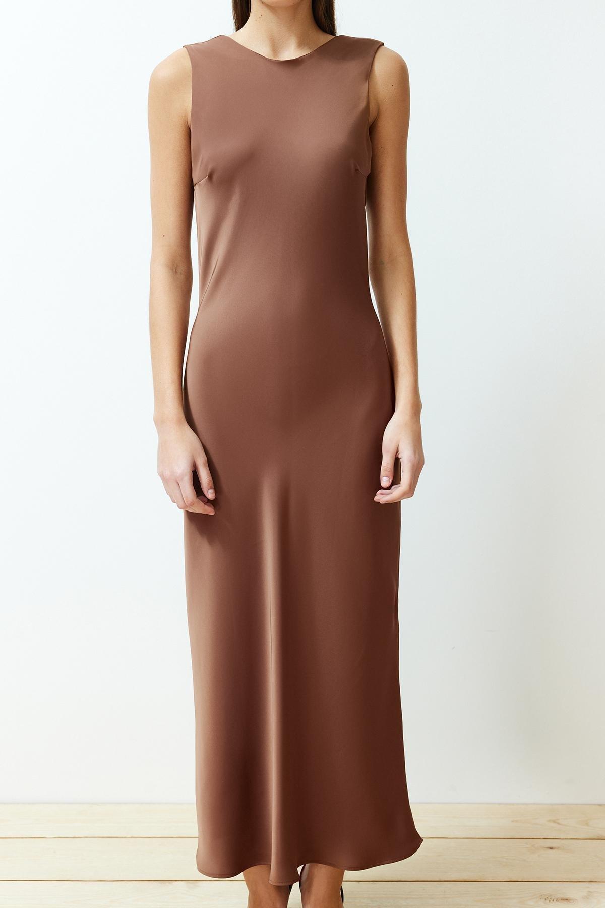 Brown Detailed Satin Woven Maxi Dress, , large image number 1
