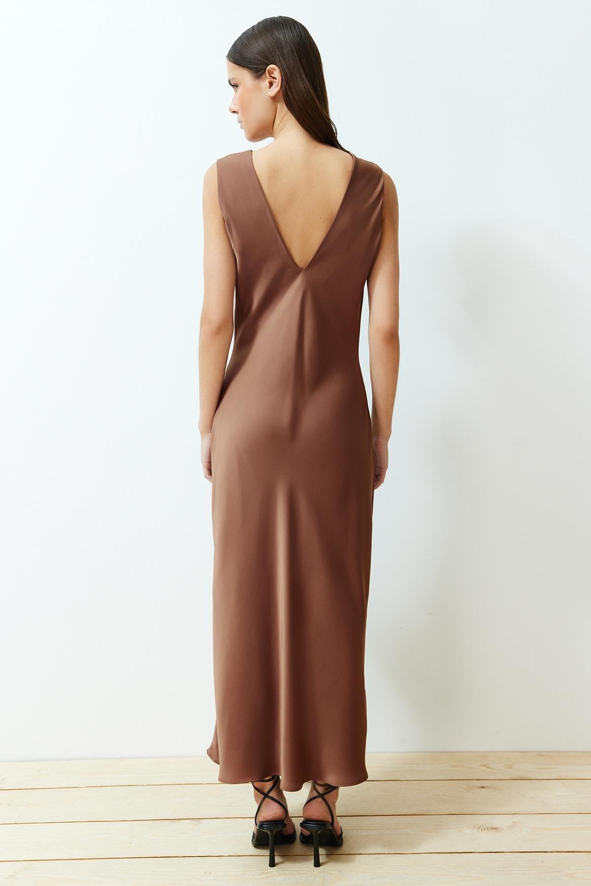 Brown Detailed Satin Woven Maxi Dress, , large image number 3