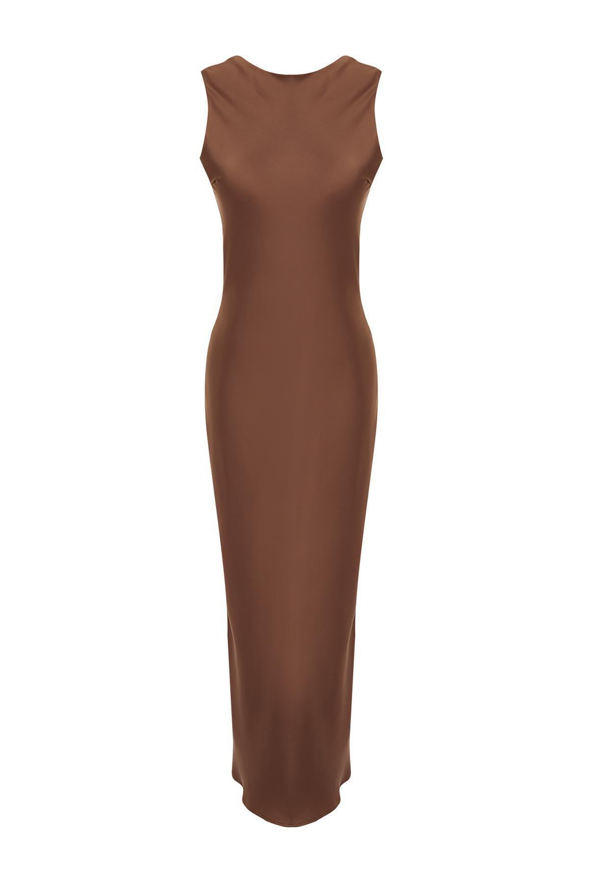 Brown Detailed Satin Woven Maxi Dress, , large image number 4