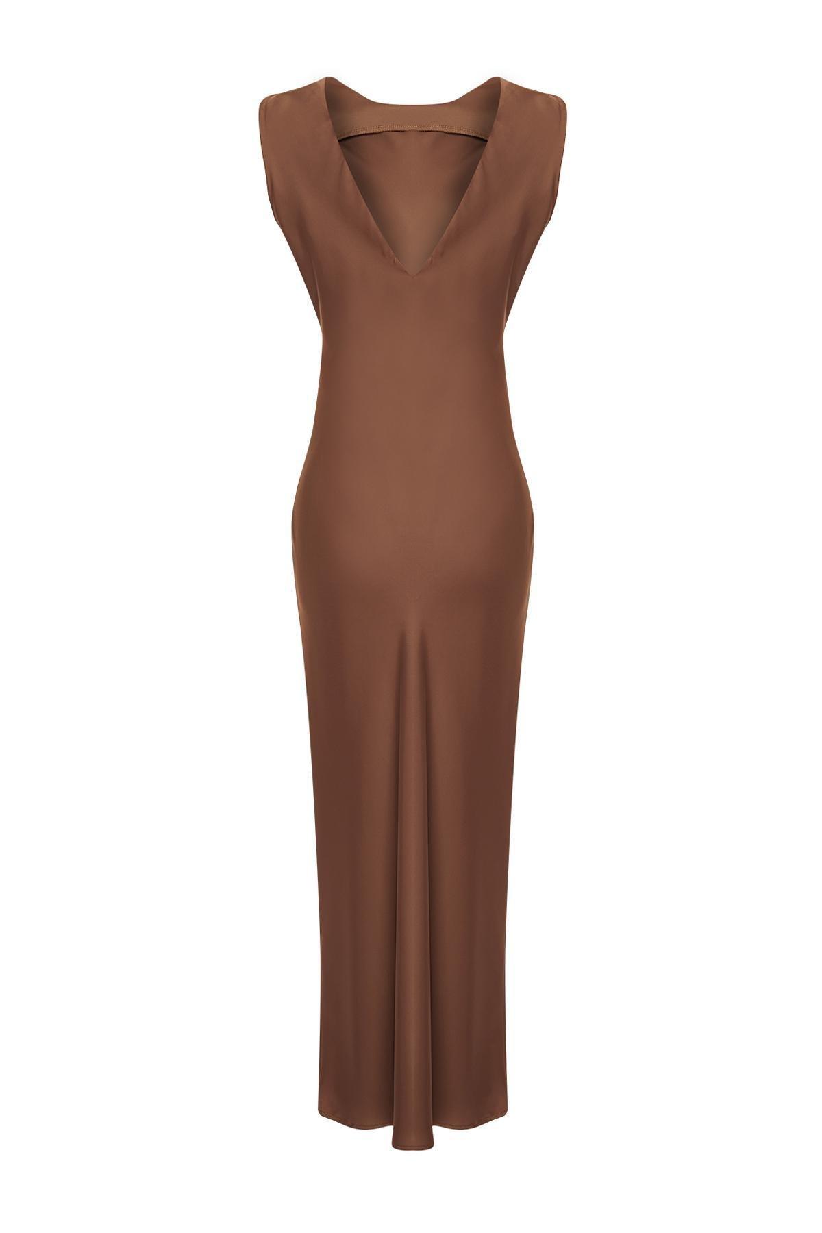 Brown Detailed Satin Woven Maxi Dress, , large image number 5