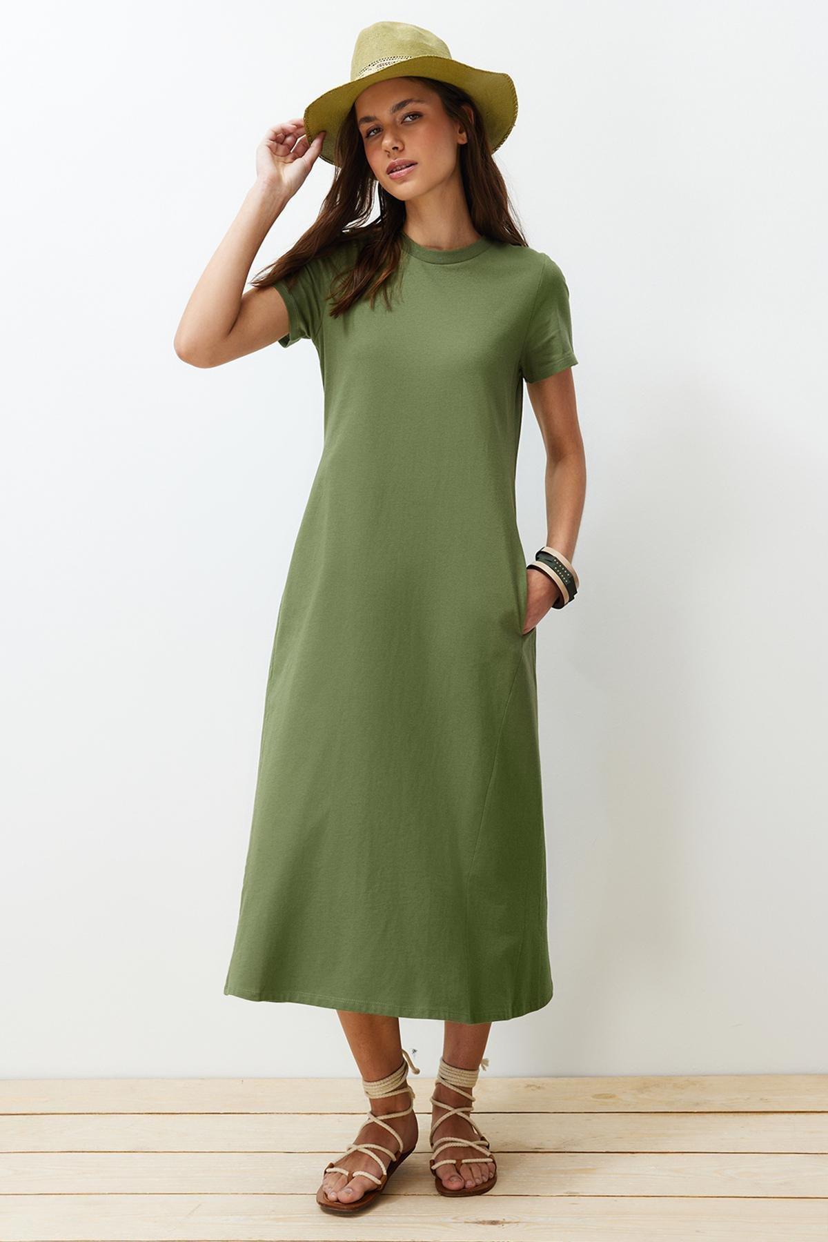 Khaki Knitted Midi Dress, , large image number 0