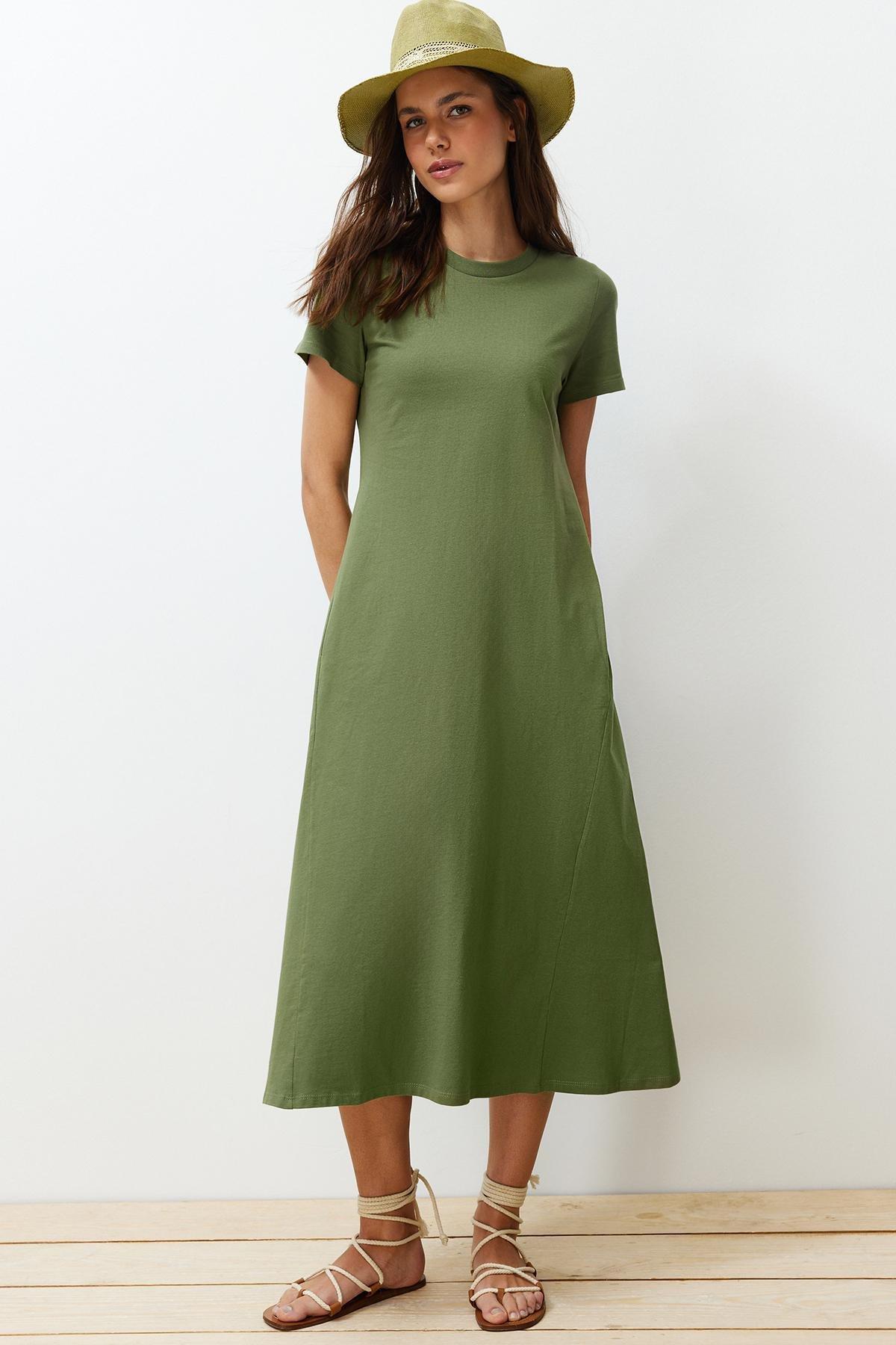 Khaki Knitted Midi Dress, , large image number 1