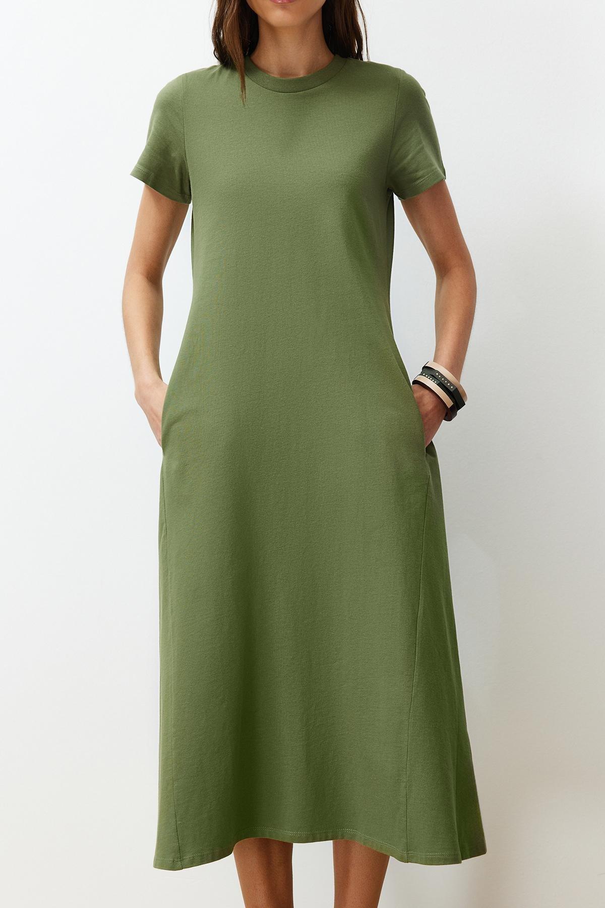 Khaki Knitted Midi Dress, , large image number 2