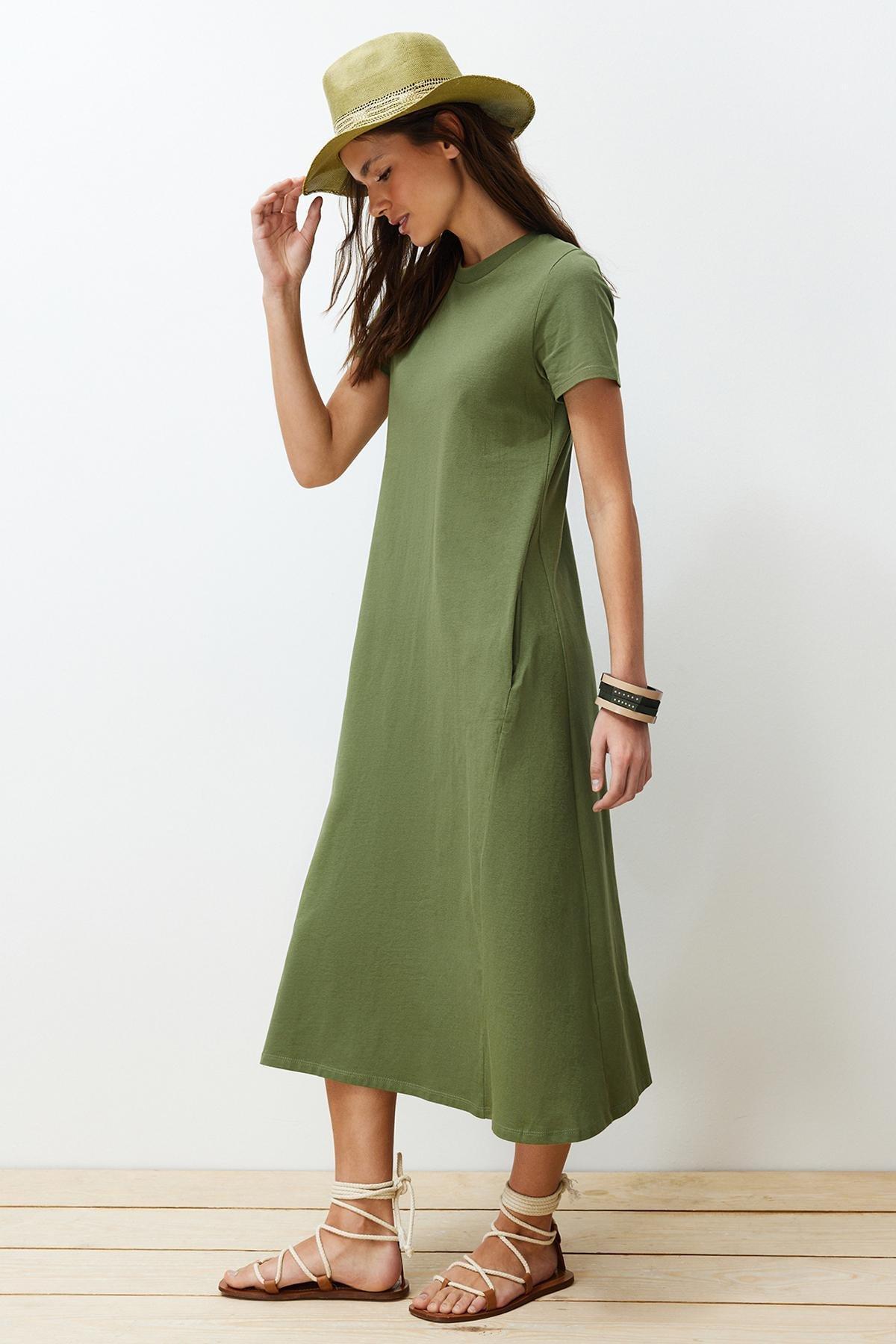 Khaki Knitted Midi Dress, , large image number 4