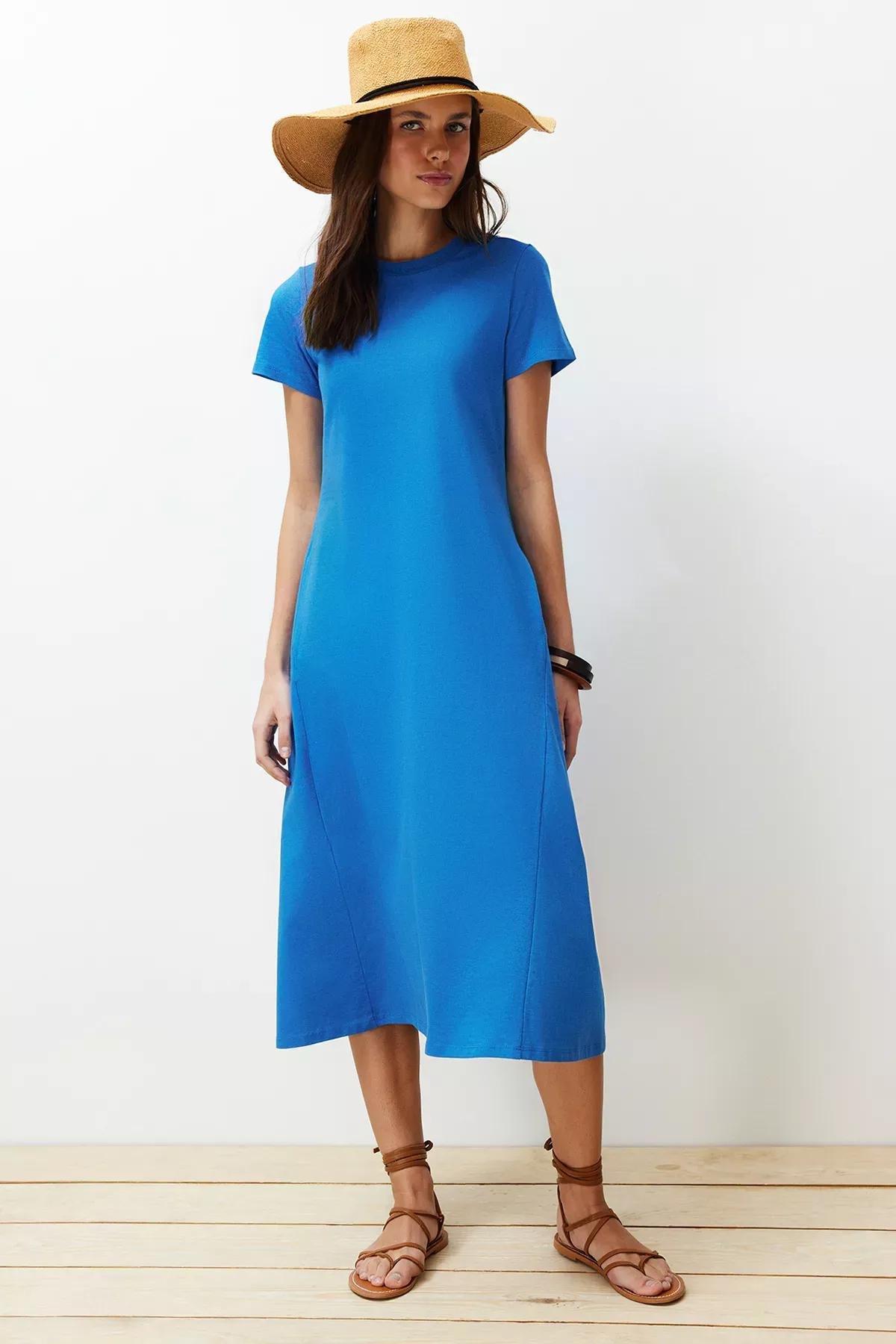 Blue A-Line Knitted Midi Dress, , large image number 1