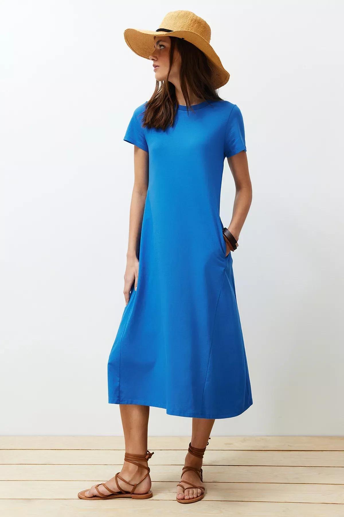 Blue A-Line Knitted Midi Dress, , large image number 2
