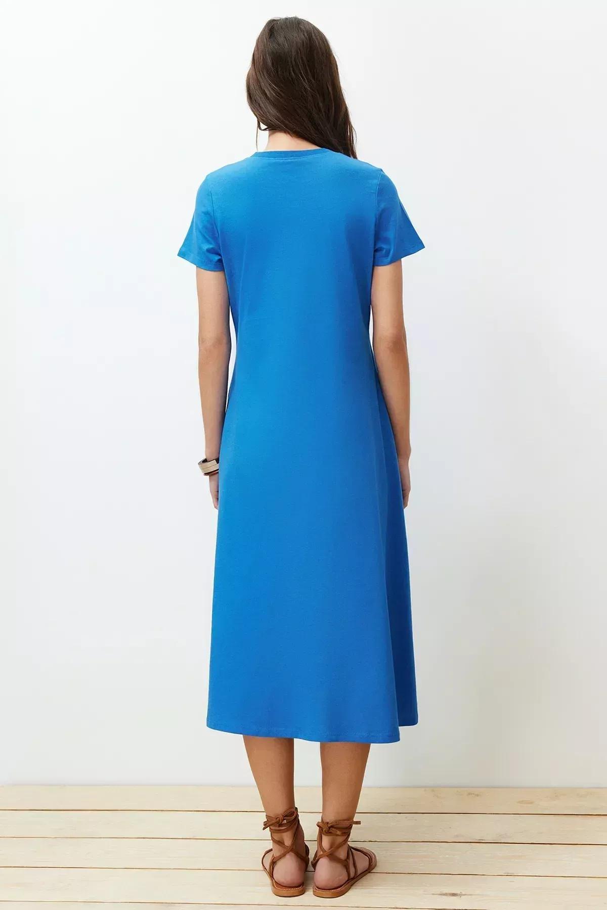 Blue A-Line Knitted Midi Dress, , large image number 3