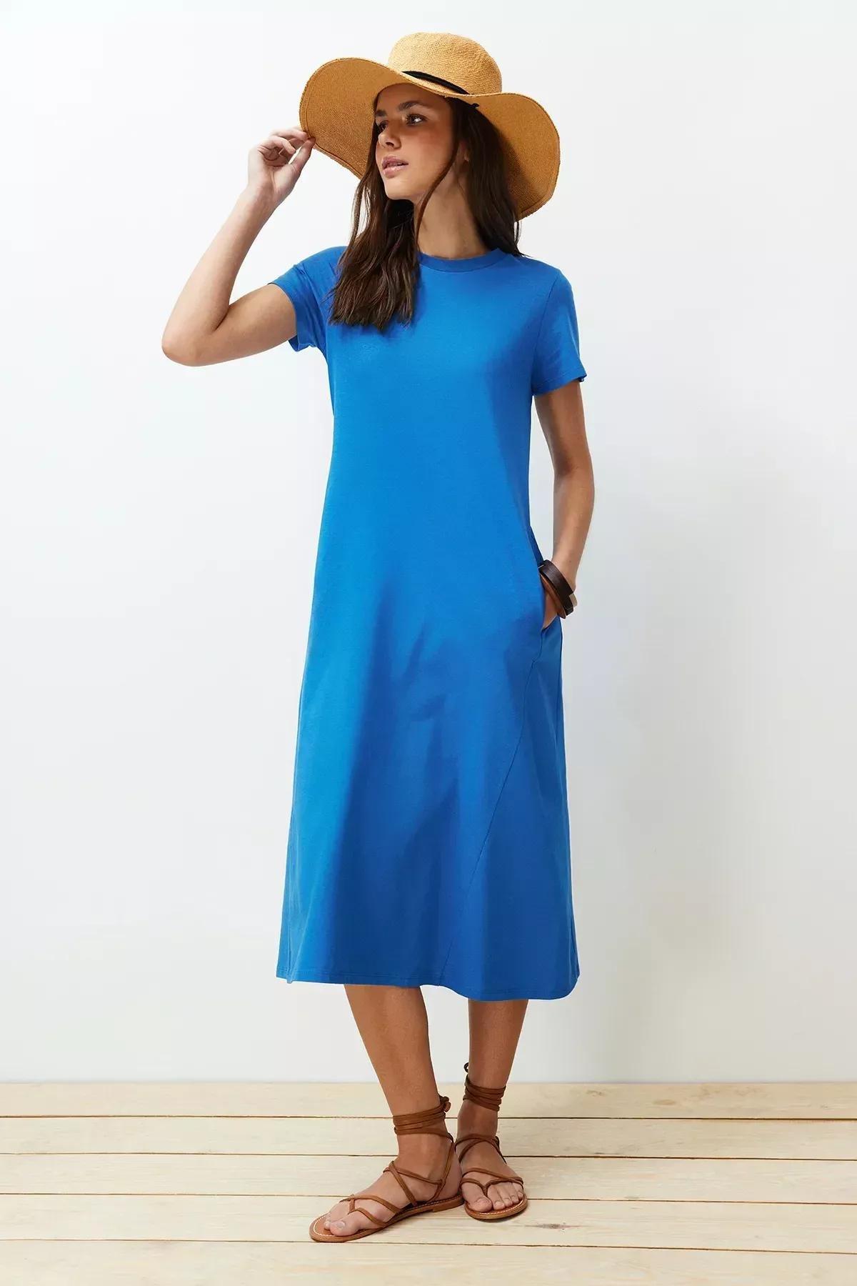 Blue A-Line Knitted Midi Dress, , large image number 4