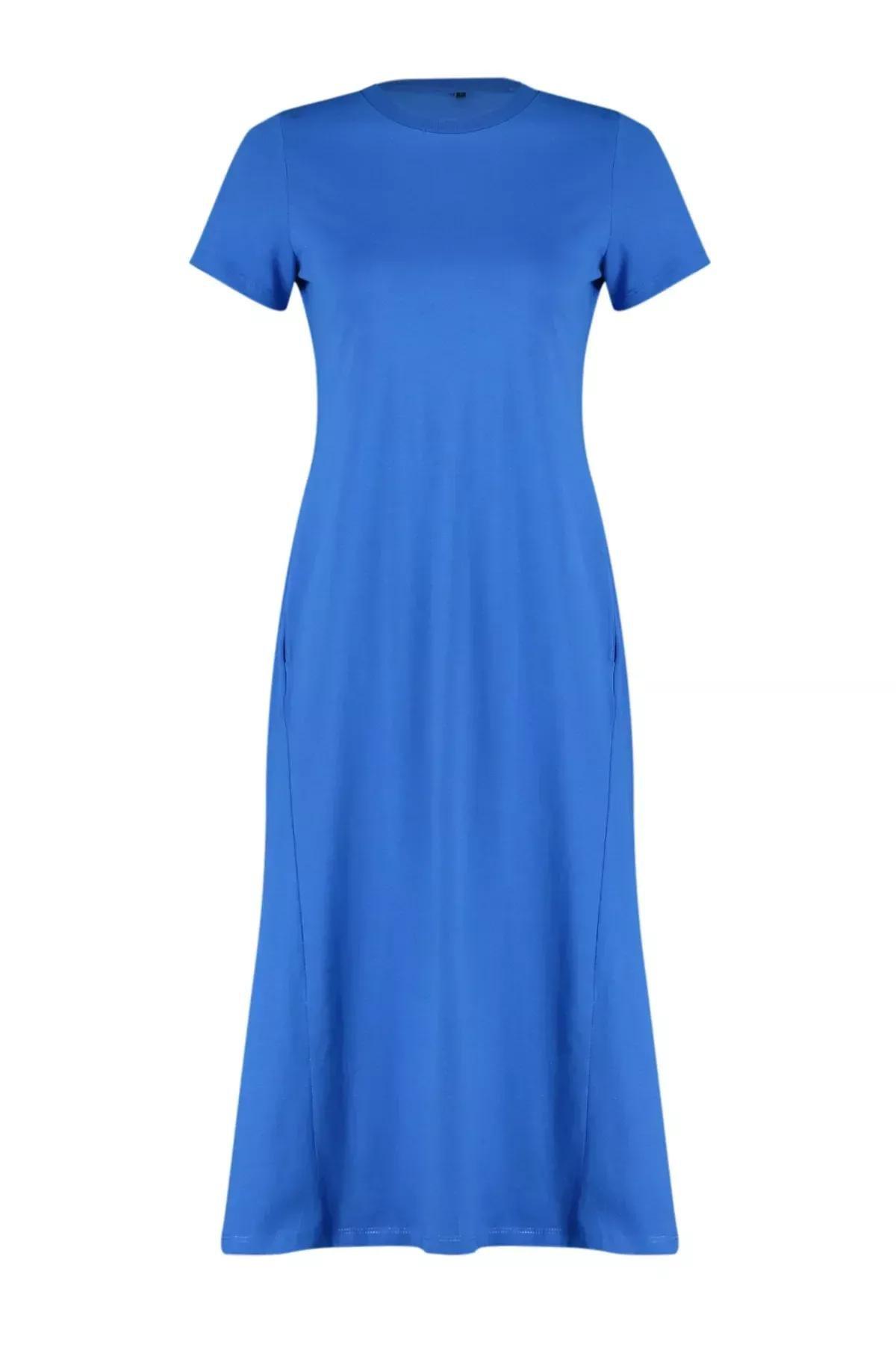 Blue A-Line Knitted Midi Dress, , large image number 6