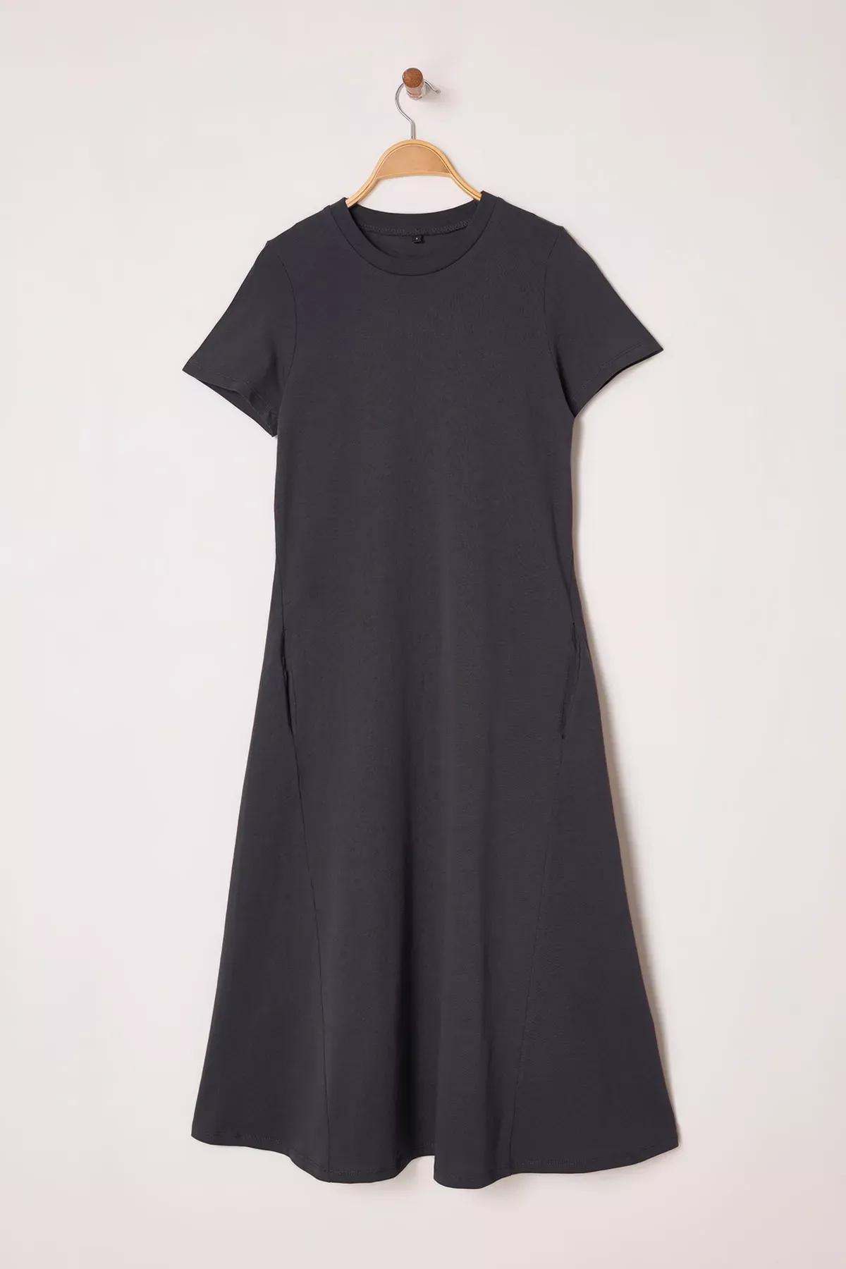 Grey Plain T-Shirt Dress Midi Dress, , large image number 0