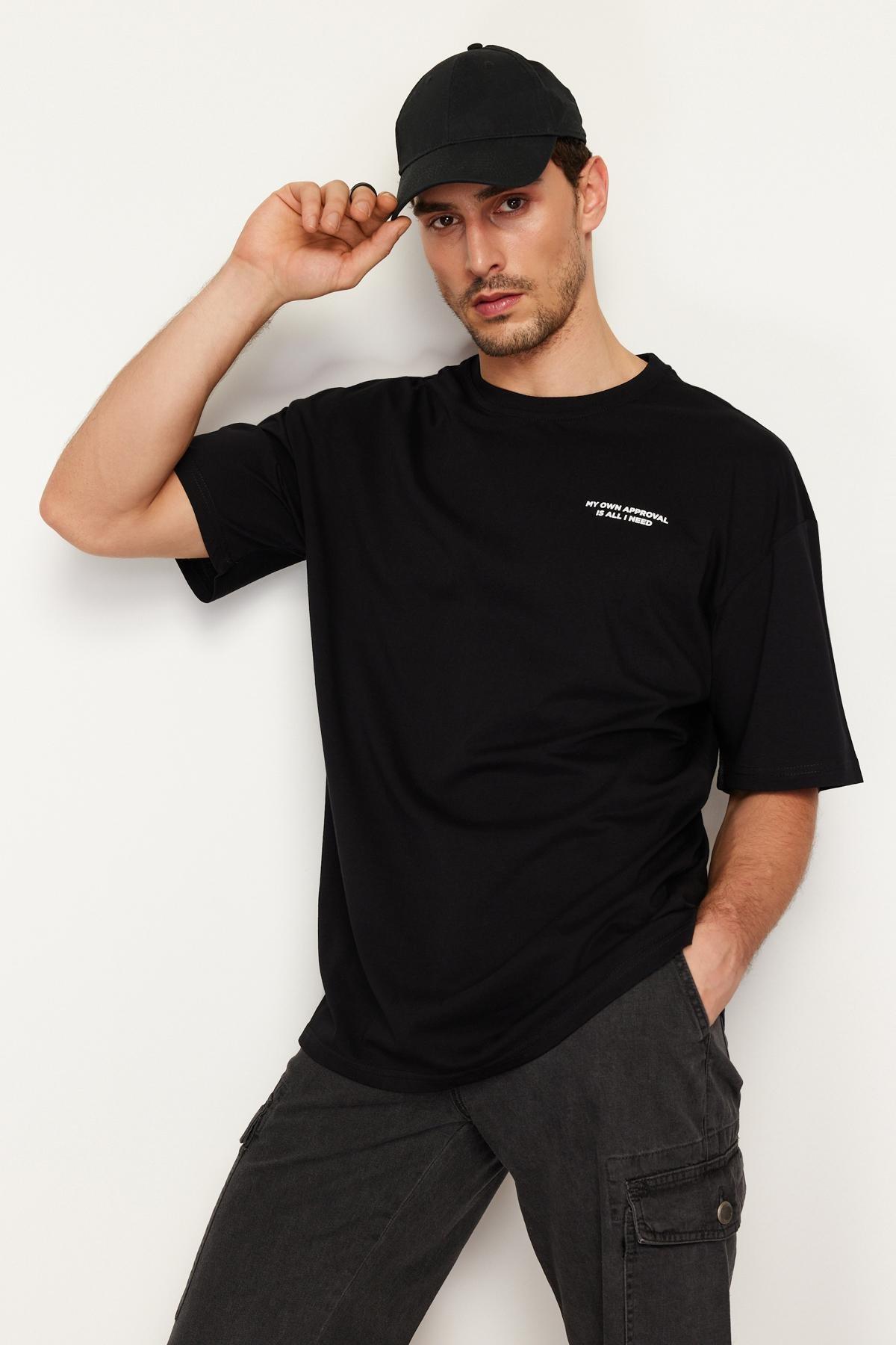 Black Oversize Printed Cotton T-Shirt, , large image number 0